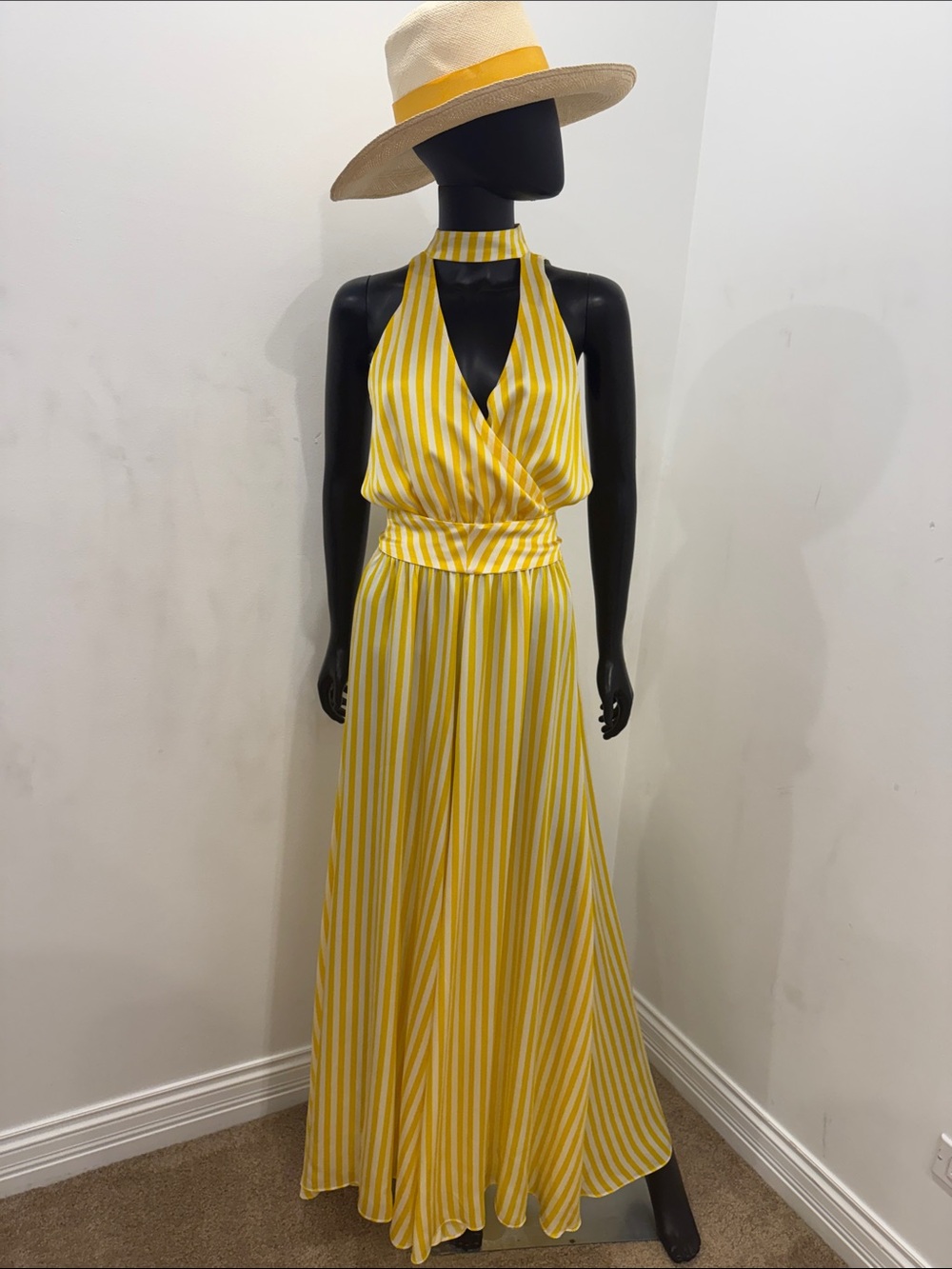 Caroline Constas 100% Silk Yellow Stripe Halter Wide Leg Jumpsuit S NWT Conditio